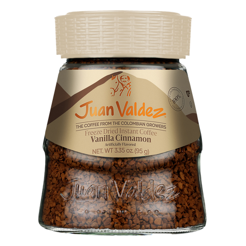 Jar of Juan Valdez Vanilla Cinnamon instant coffee on a white background